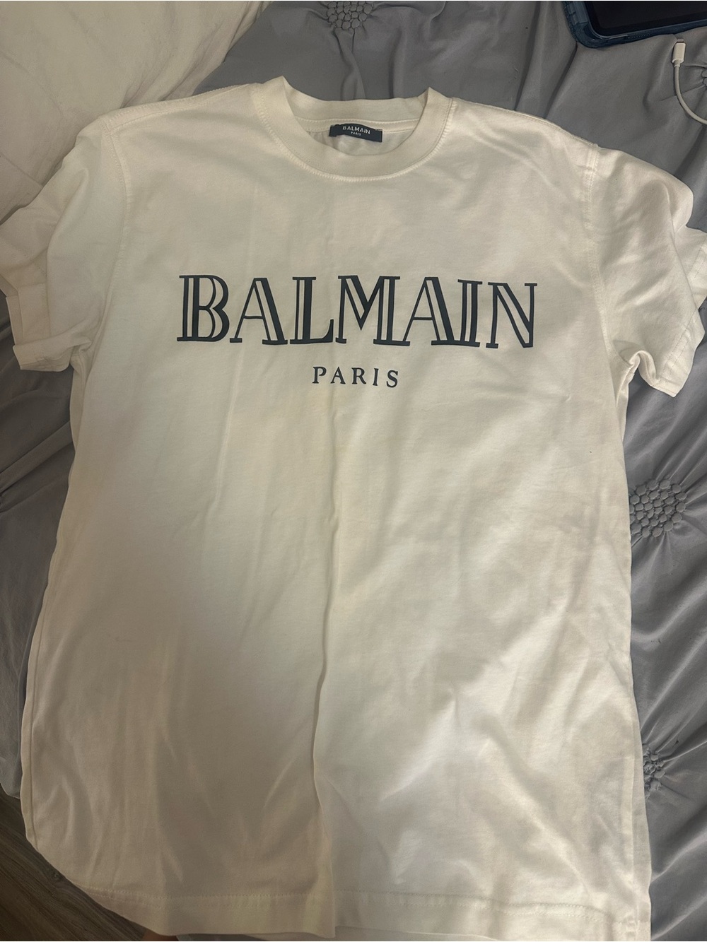Balmain White Short Sleeve Logo Tee with Black Print